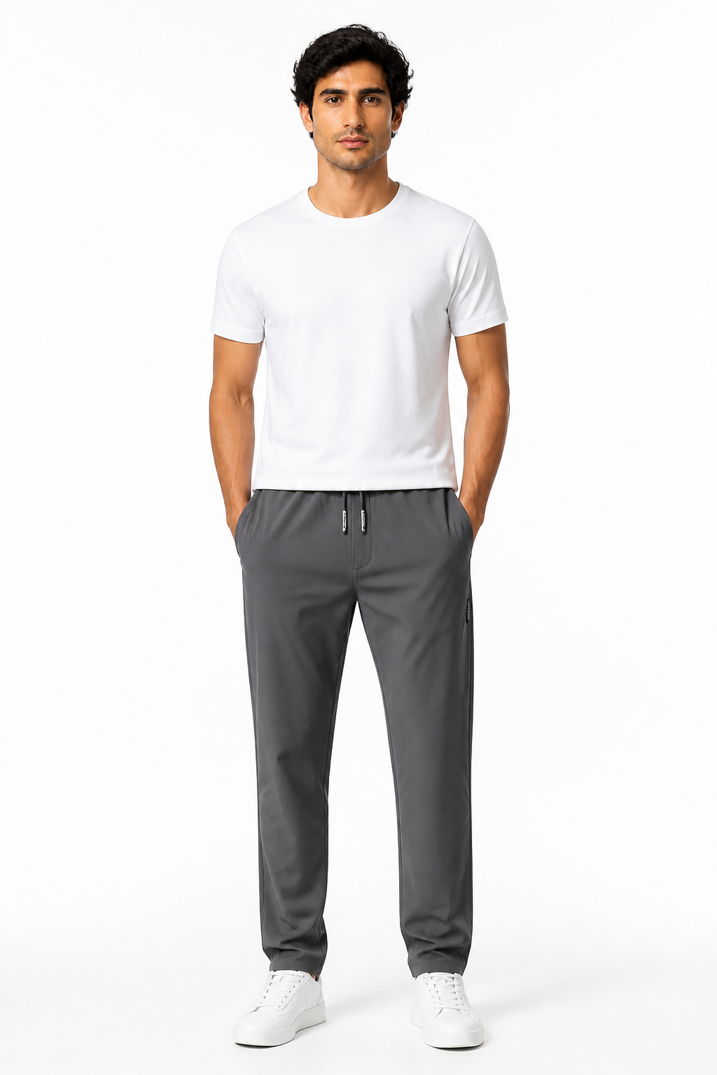 Men's Trousers Lightweight Fabric Drawstring Waist, Grey 2pcs, front view