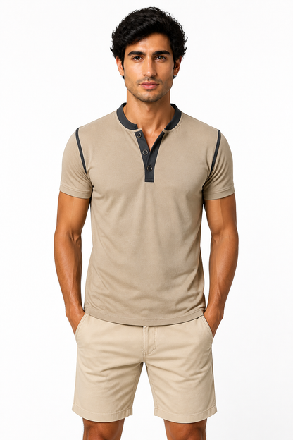 Men's Henley Shirt Contrast Trim Short Sleeves, Khaki, front view