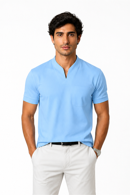 Men's T-Shirt Athletic Fit V-Neck Pocket, Light Blue, front view