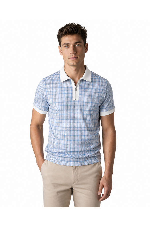 Victor | Check-Pattern Zip Polo - Light Blue - front - group 9