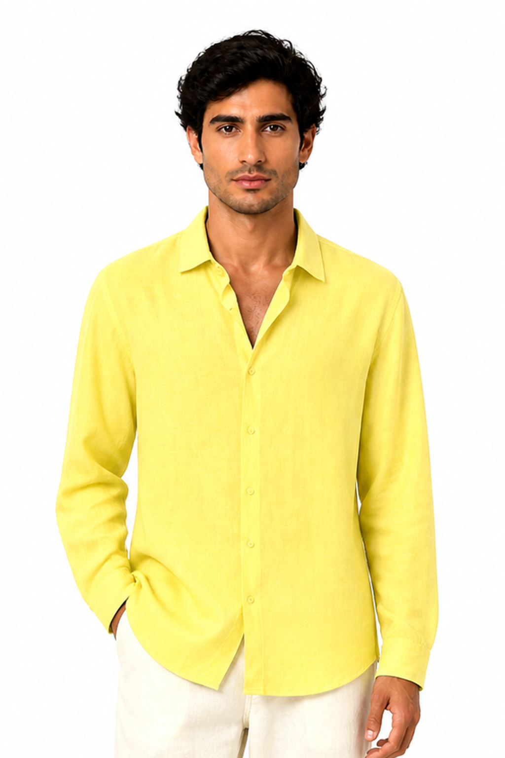Men's Button-Up Shirt Relaxed Fit Long Sleeves, Yellow, front view