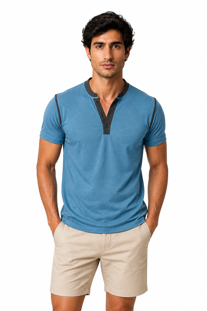 Men's Henley Shirt Contrast Trim Short Sleeves, Blue, front view