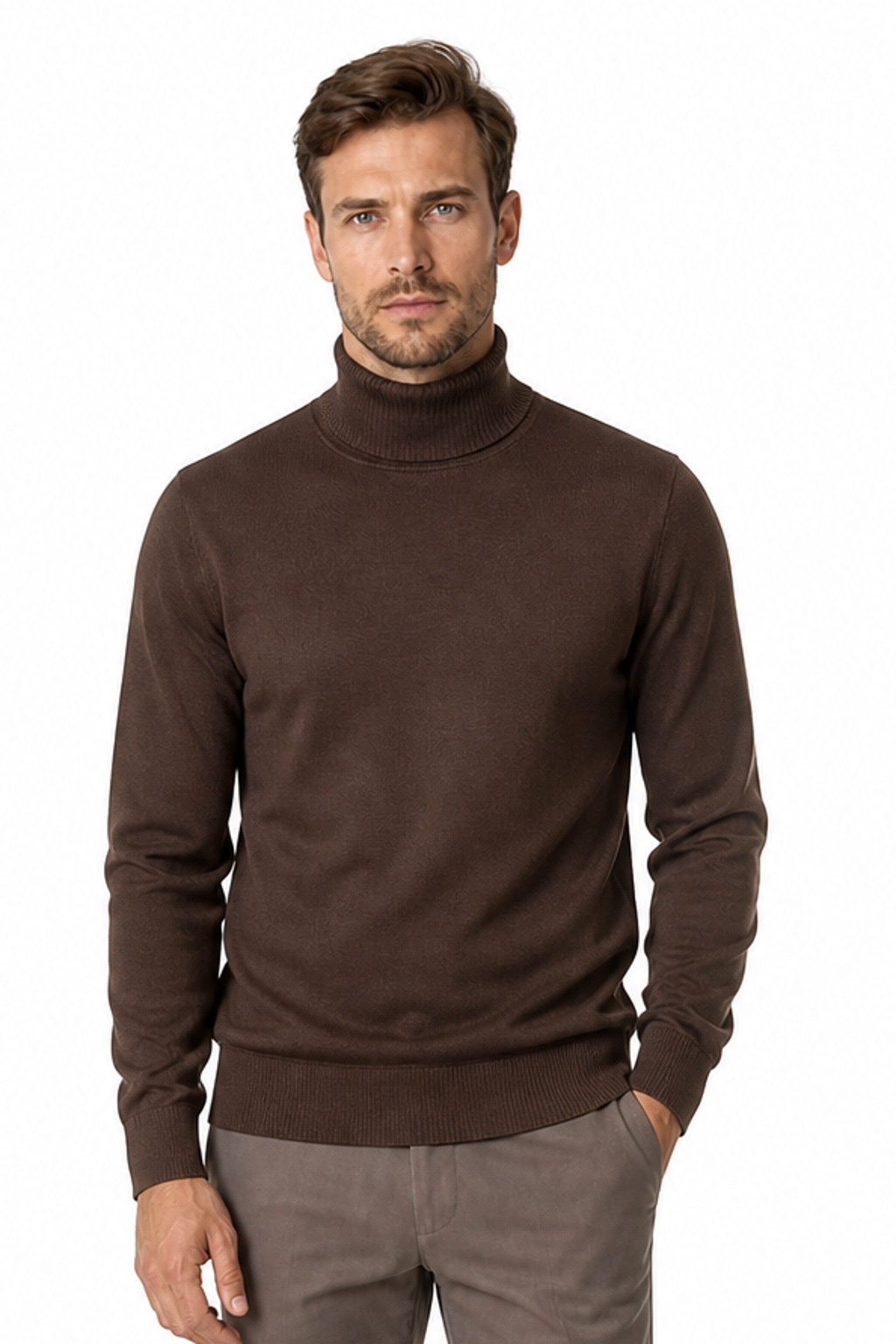 Men's Turtleneck Sweater Fleece Lining Warm Knit, Coffee, front view