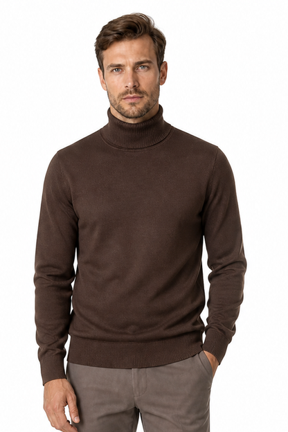 Men's Turtleneck Sweater Fleece Lining Warm Knit, Coffee, front view