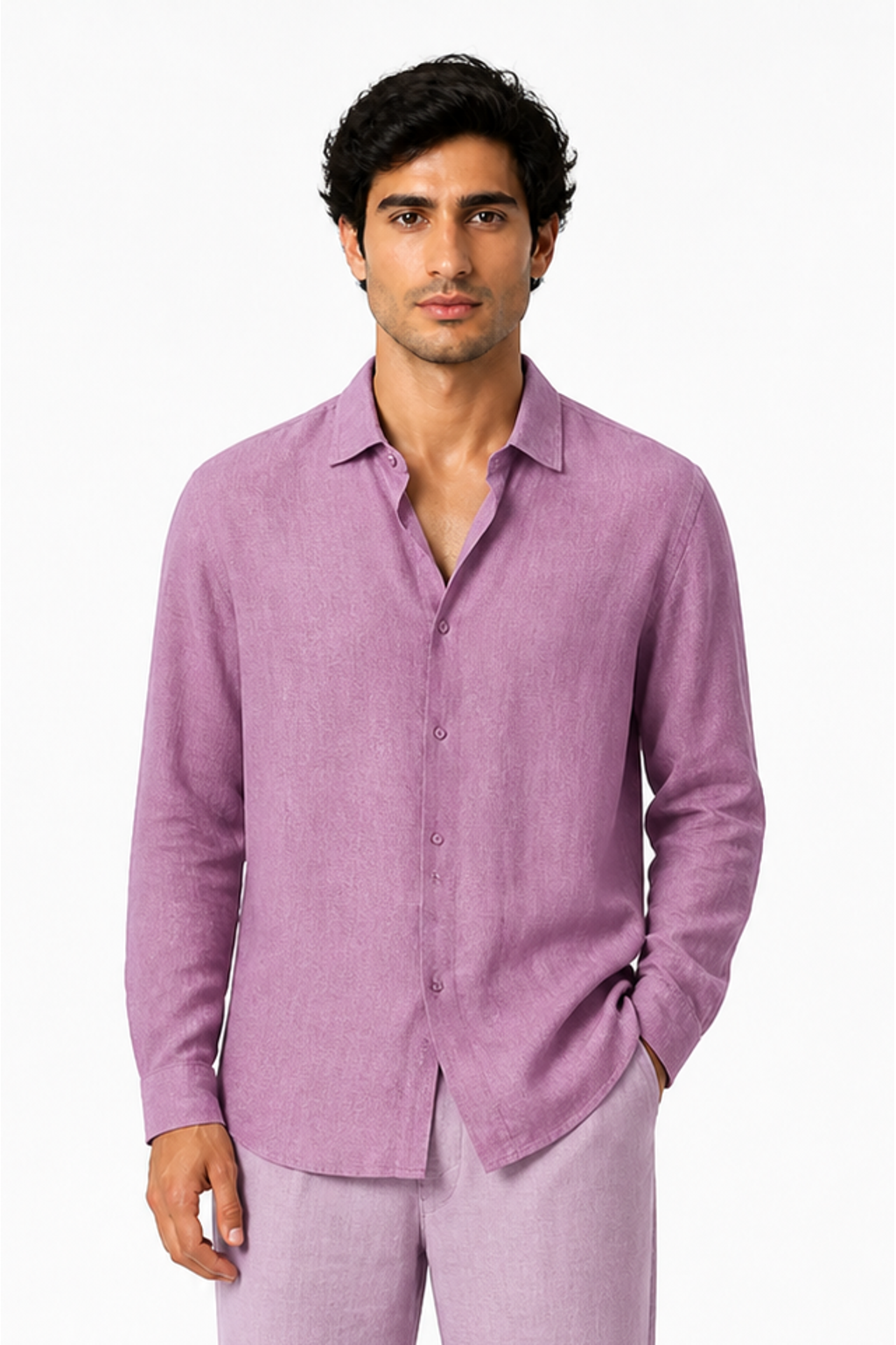 Men's Button-Up Shirt Relaxed Fit Long Sleeves, Pink, front view