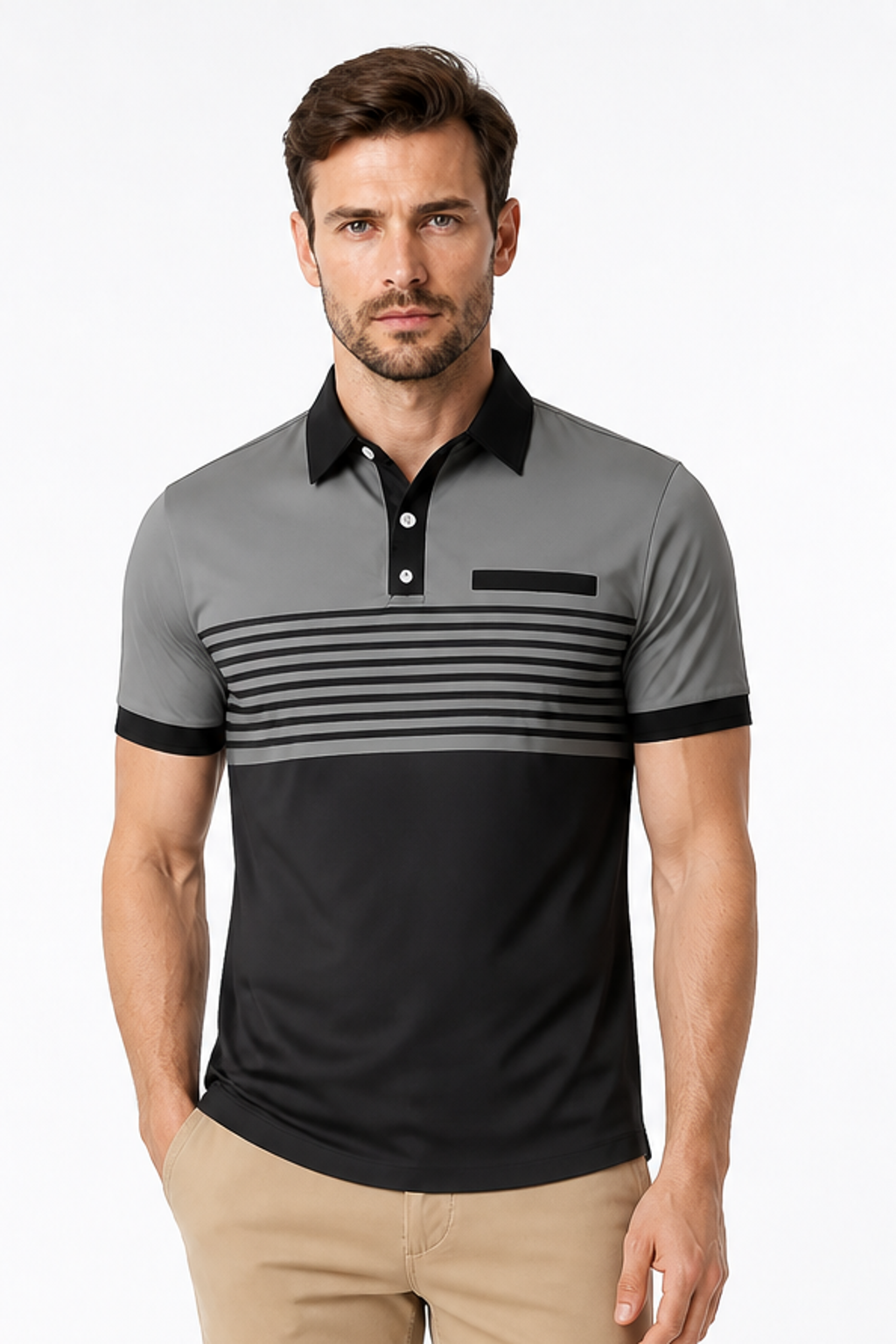 Men's Polo Shirt Striped Design Chest Pocket, YFPOLO67, front view