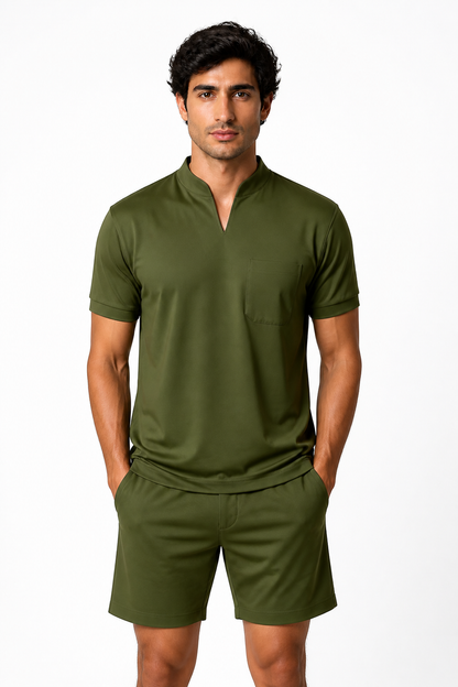 Men's T-Shirt Athletic Fit V-Neck Pocket, Army Green, front view