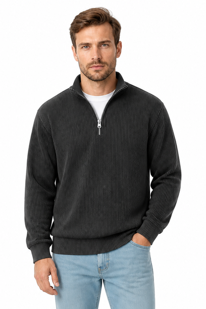 Men's Sweatshirt Corduroy Texture Quarter Zip, Black 2, front view