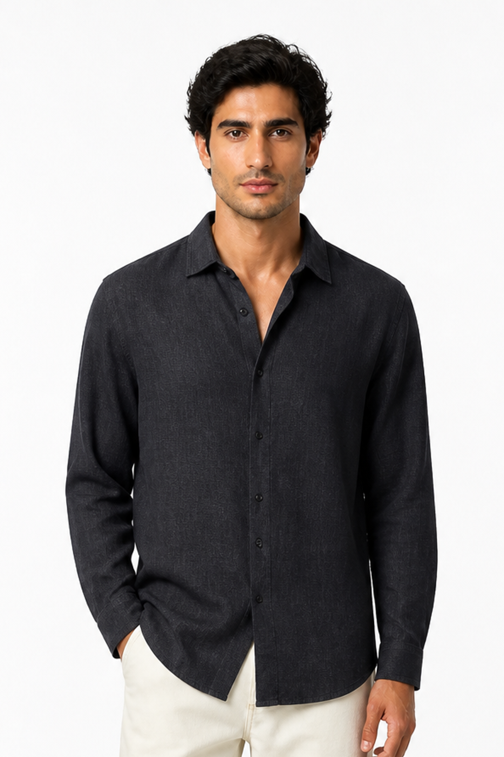 Men's Button-Up Shirt Relaxed Fit Long Sleeves, Black, front view