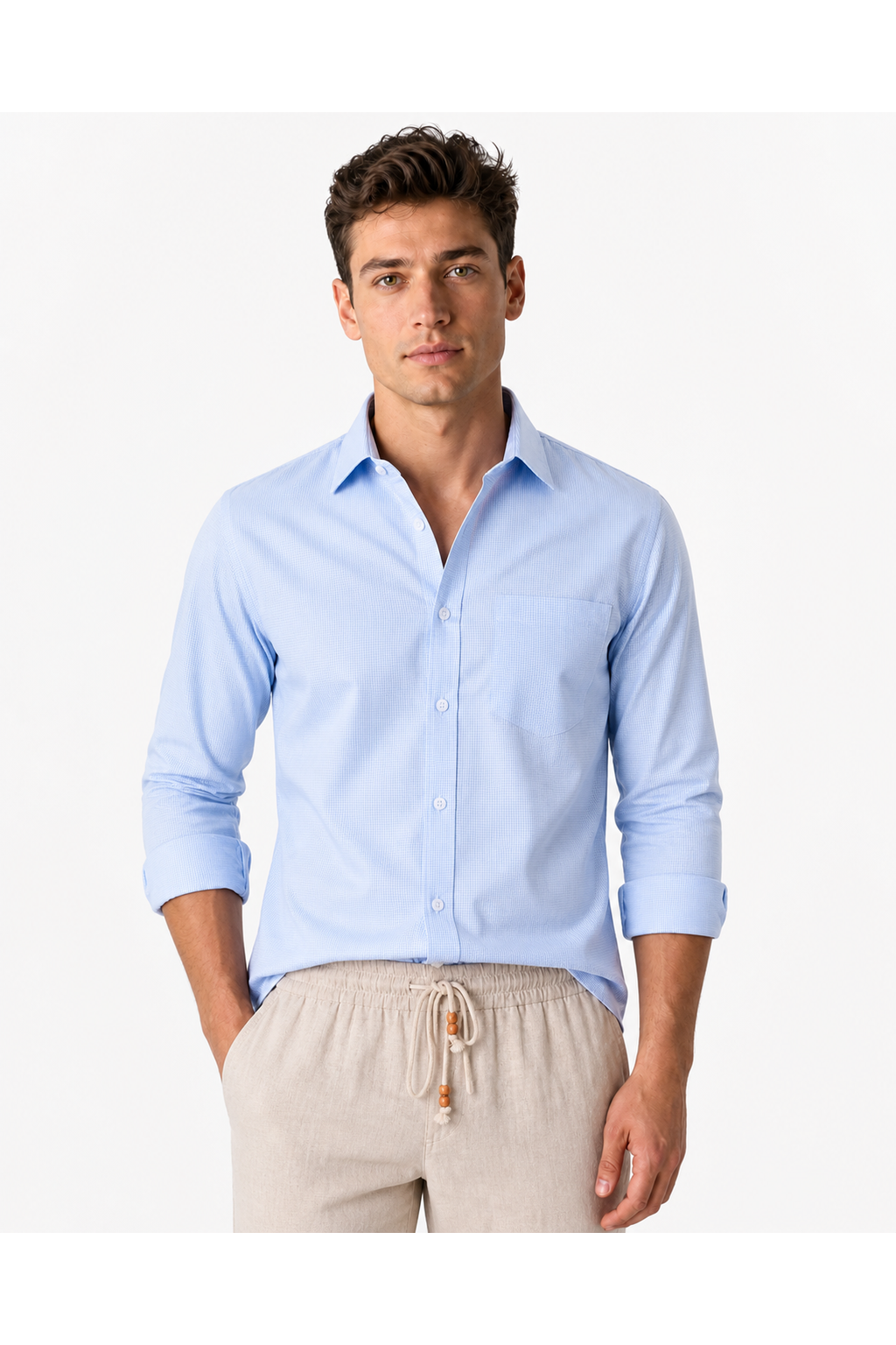 Frederick | Versatile Open-Collar Shirt - Light Blue Check - front - group 11