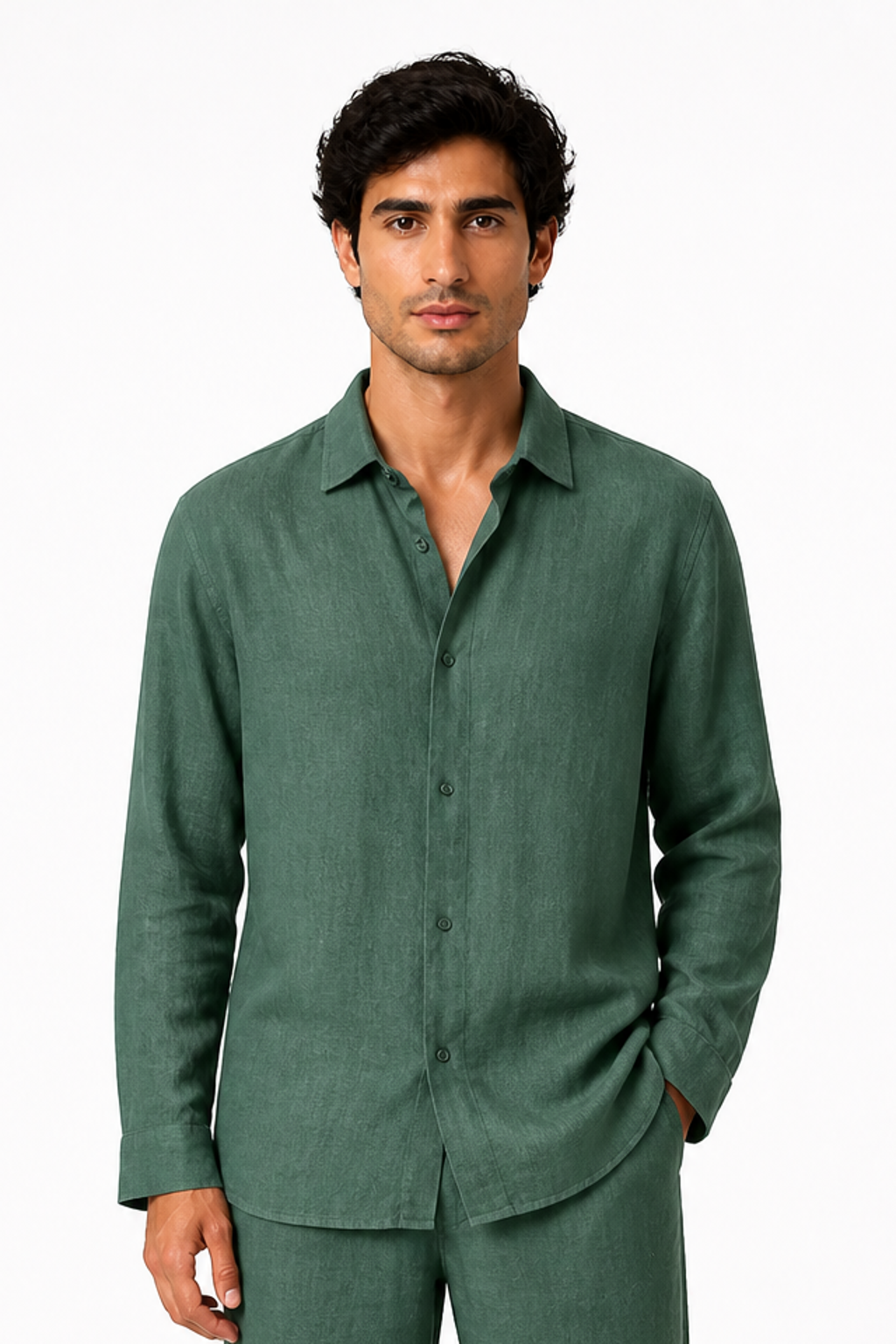 Men's Button-Up Shirt Relaxed Fit Long Sleeves, Green, front view