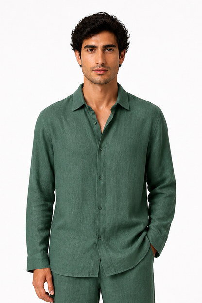 Men's Button-Up Shirt Relaxed Fit Long Sleeves, Green, front view