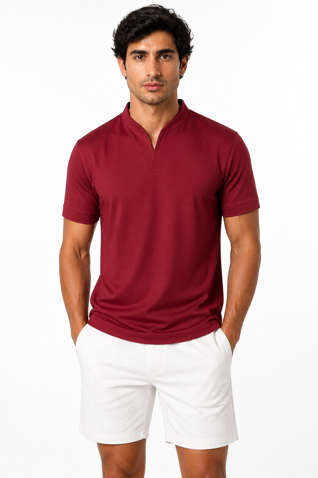 Men's T-Shirt Athletic Fit V-Neck Pocket, Wine Red, front view