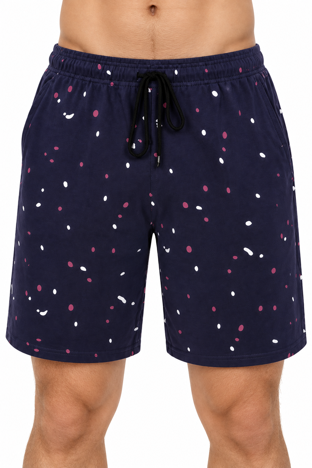 Men's Shorts Paint-Splatter Print Drawstring Waist, Dark Blue, fabric close-up