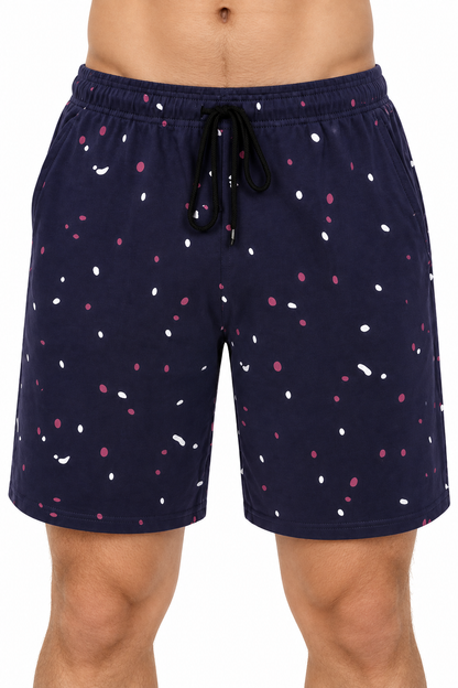 Men's Shorts Paint-Splatter Print Drawstring Waist, Dark Blue, fabric close-up
