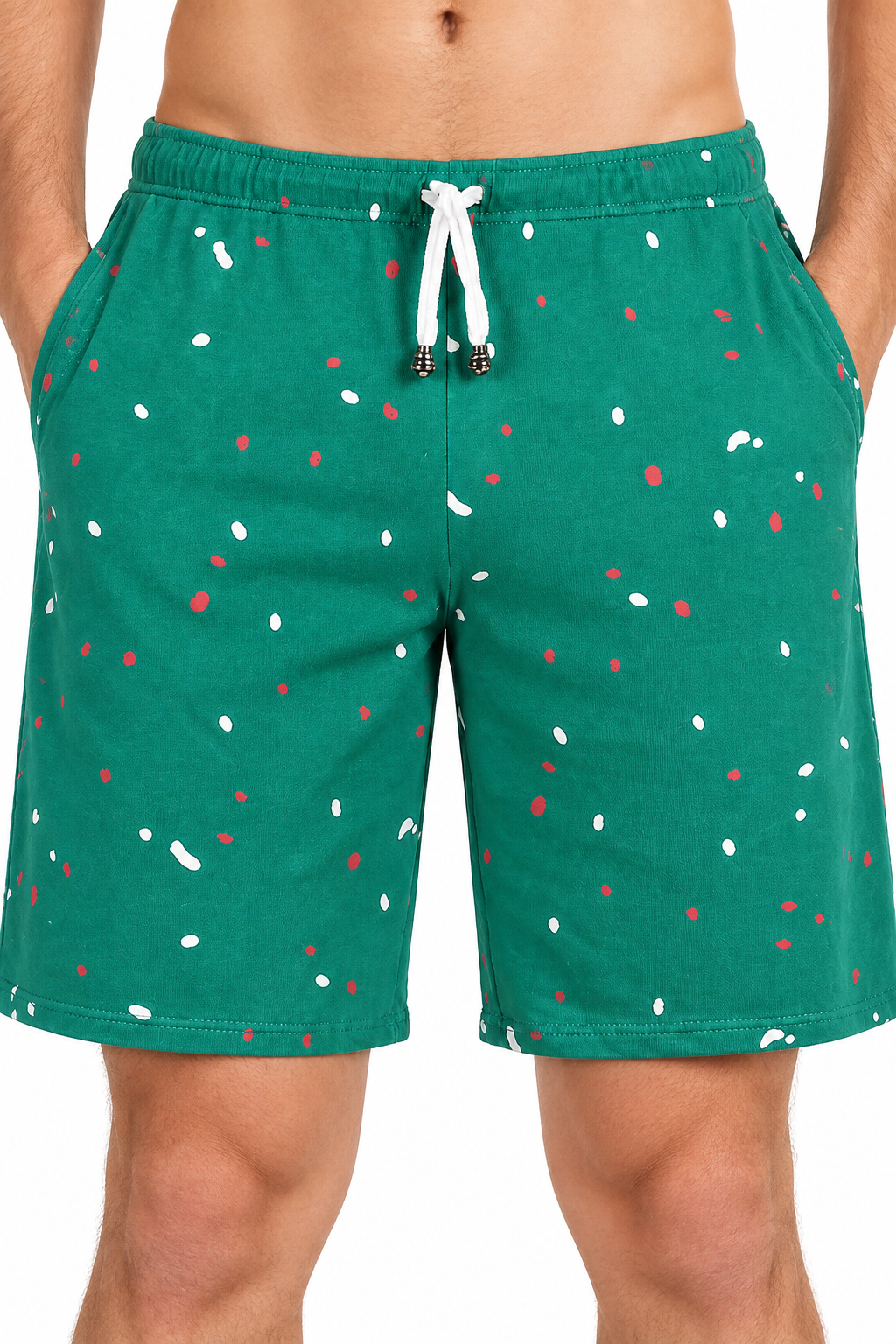 Men's Shorts Paint-Splatter Print Drawstring Waist, Green, fabric close-up