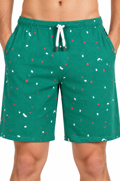 Men's Shorts Paint-Splatter Print Drawstring Waist, Green, fabric close-up