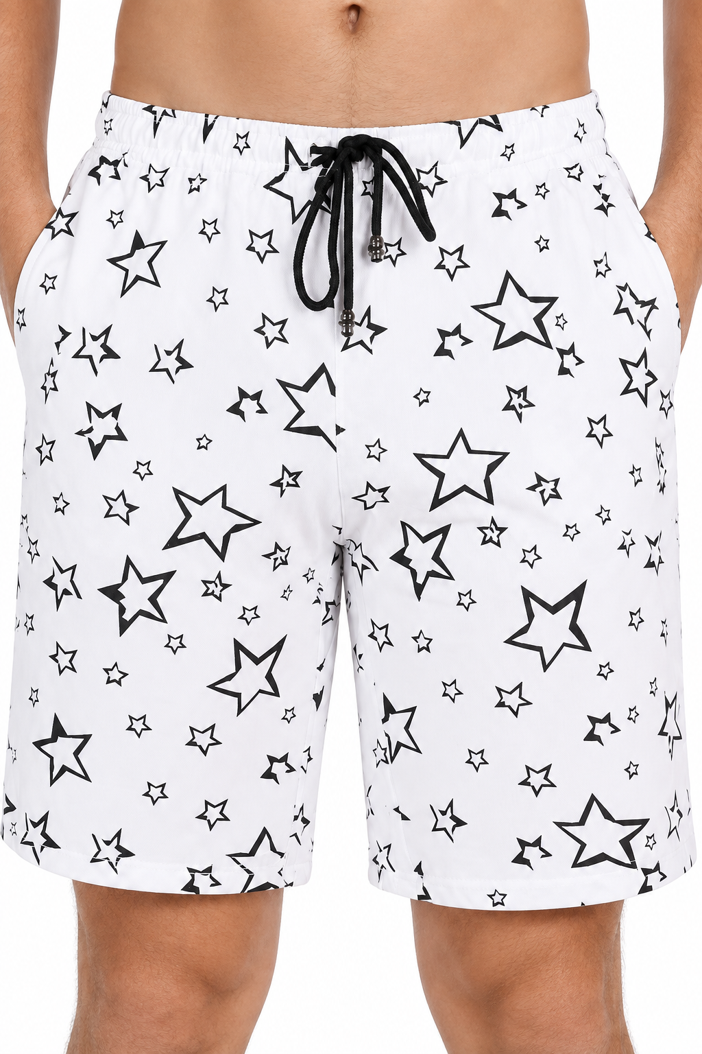 Men's Shorts Paint-Splatter Print Drawstring Waist, White, fabric close-up