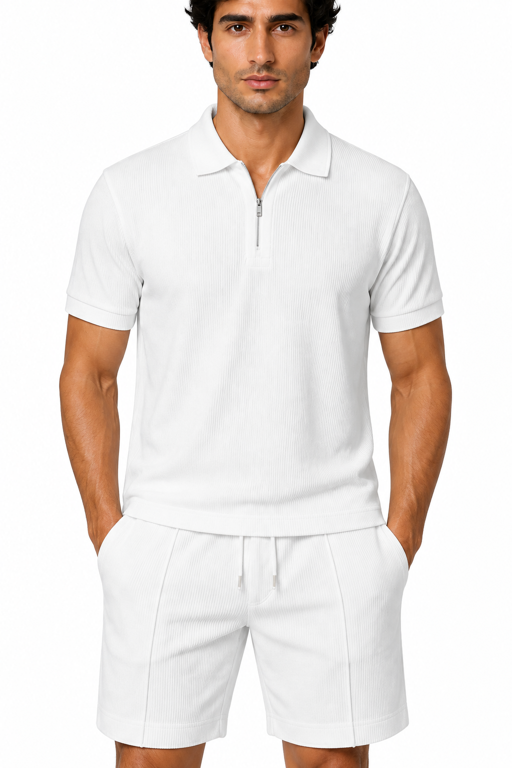 Men's Polo Shorts Set Lightweight Feel Coordinated Design, White, fabric close-up