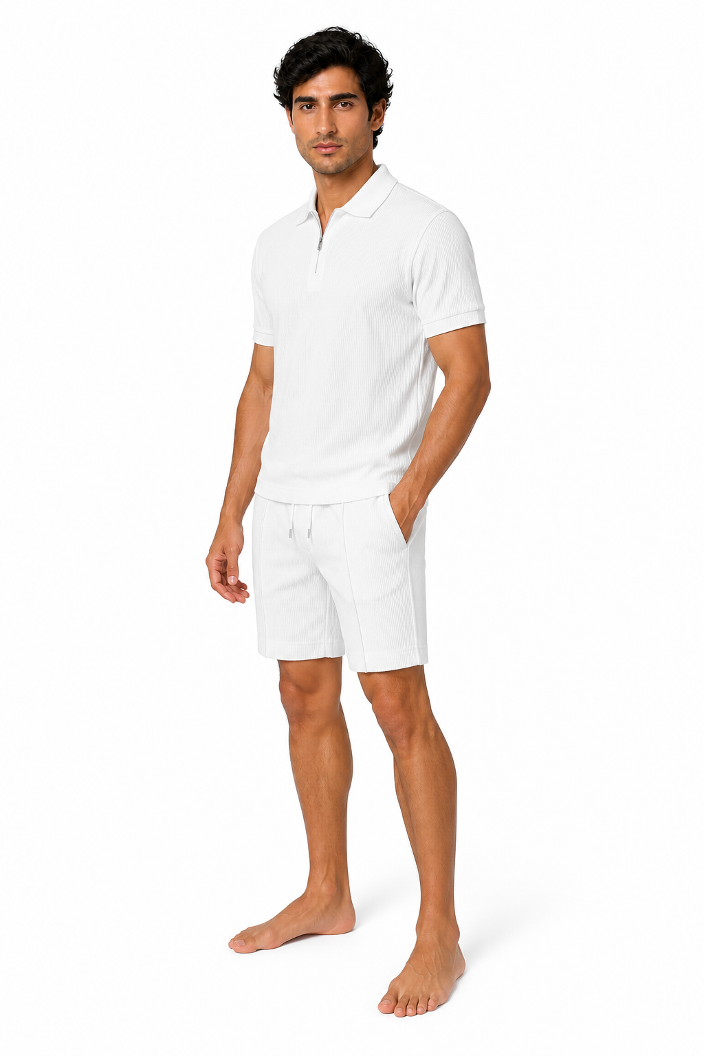 Men's Polo Shorts Set Lightweight Feel Coordinated Design, White, side view