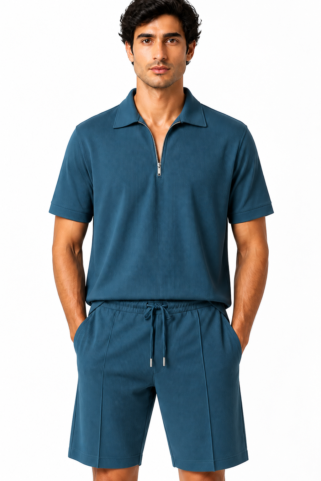 Men's Polo Shorts Set Lightweight Feel Coordinated Design, Sea Blue, fabric close-up