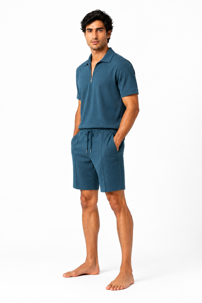 Men's Polo Shorts Set Lightweight Feel Coordinated Design, Sea Blue, side view