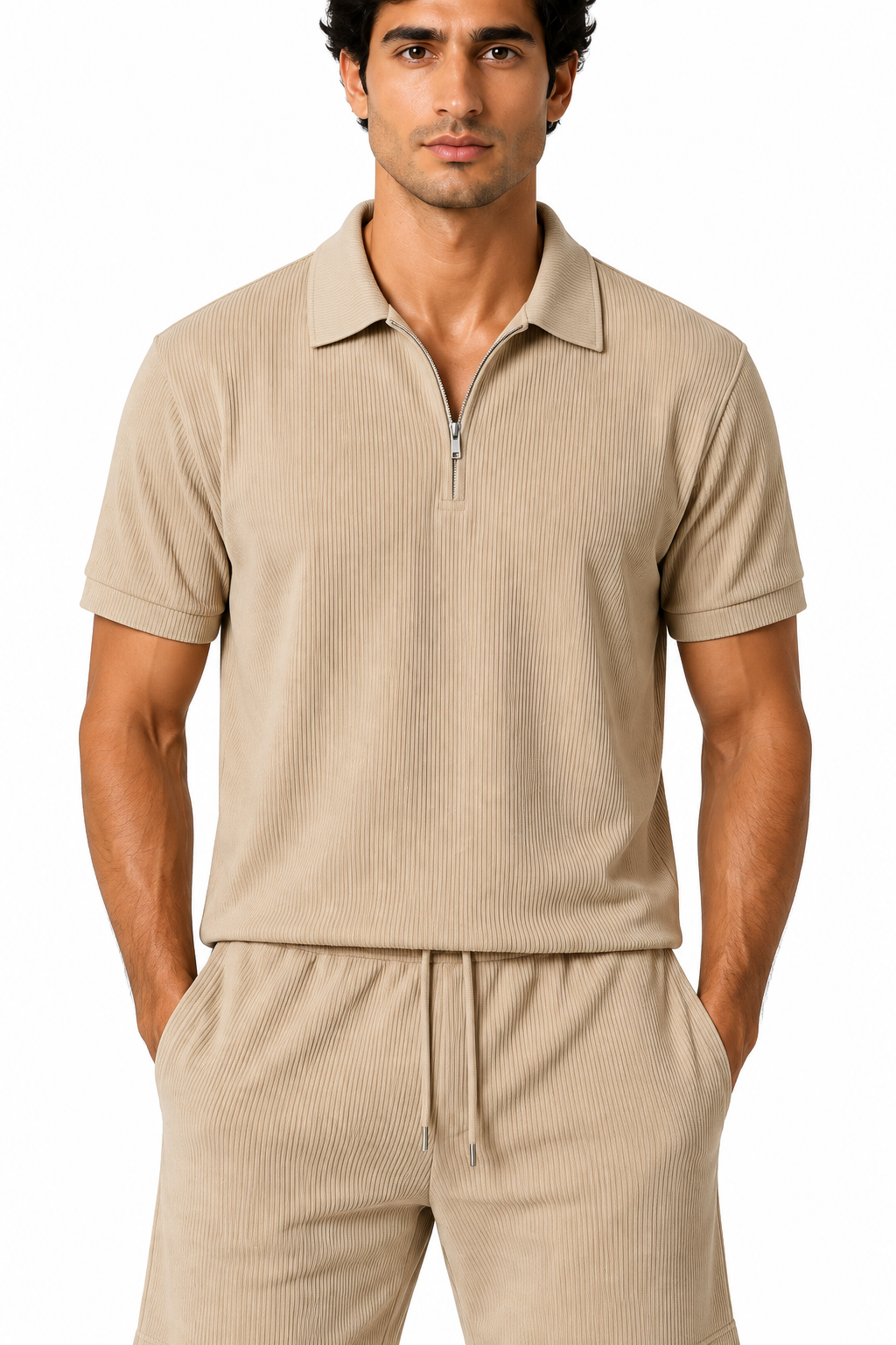 Men's Polo Shorts Set Lightweight Feel Coordinated Design, Camel, fabric close-up