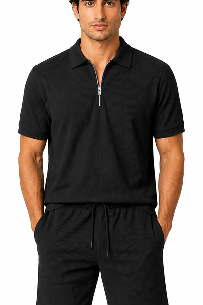 Men's Polo Shorts Set Lightweight Feel Coordinated Design, Black, fabric close-up