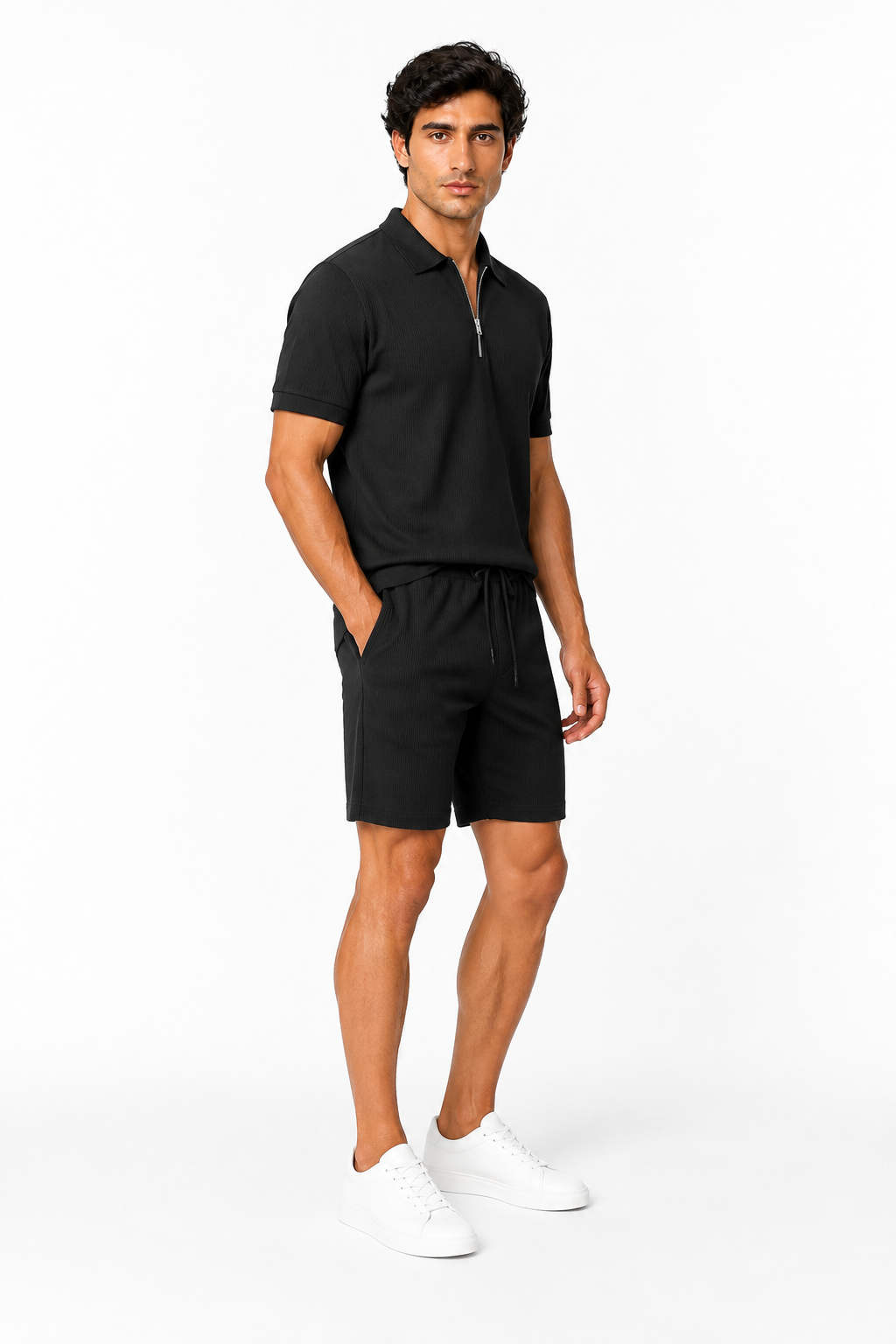 Men's Polo Shorts Set Lightweight Feel Coordinated Design, Black, side view