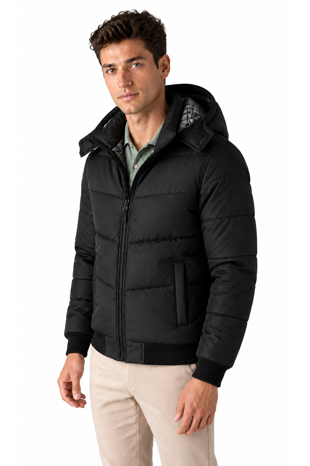 Ventorino black hooded puffer jacket on original store model, three-quarter view