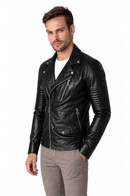 Ventorino black faux-leather biker jacket on original store model, three-quarter view