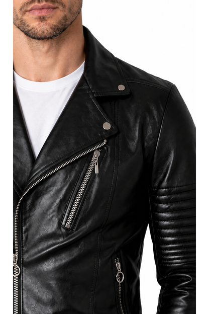 Close-up of Ventorino black faux-leather biker jacket construction and fabric texture