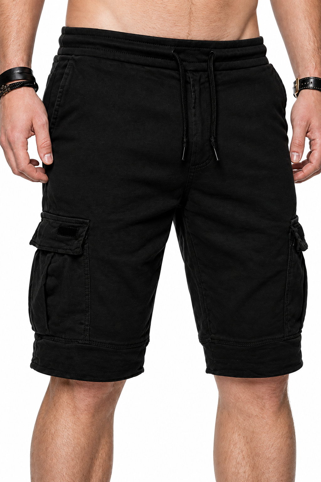 Men's Sports Shorts Cargo Pockets Relaxed Fit, Black, fabric close-up