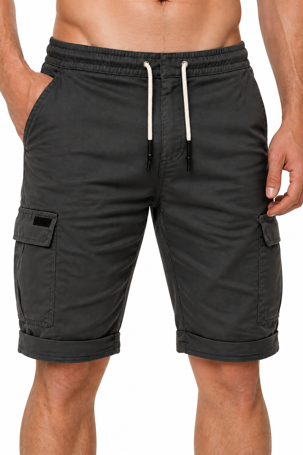 Men's Sports Shorts Cargo Pockets Relaxed Fit, Dark Grey, fabric close-up