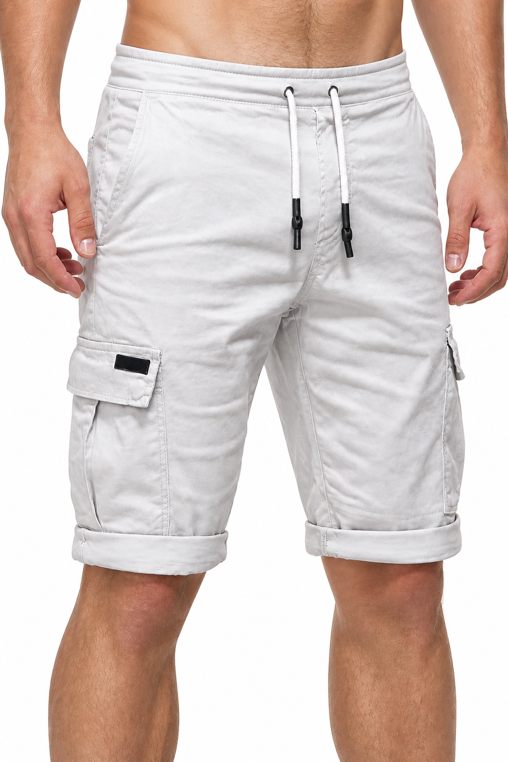 Men's Sports Shorts Cargo Pockets Relaxed Fit, White, fabric close-up