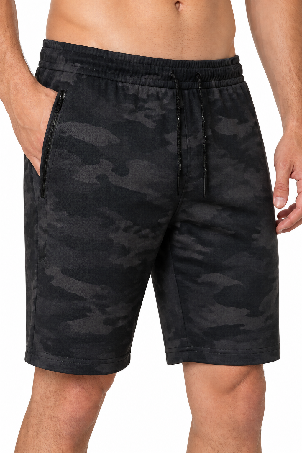 Men's Training Shorts Camo Print Flexible Fit, Side zipper shorts, fabric close-up