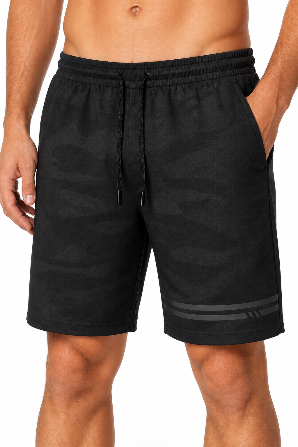 Men's Training Shorts Camo Print Flexible Fit, Twobar shorts, fabric close-up
