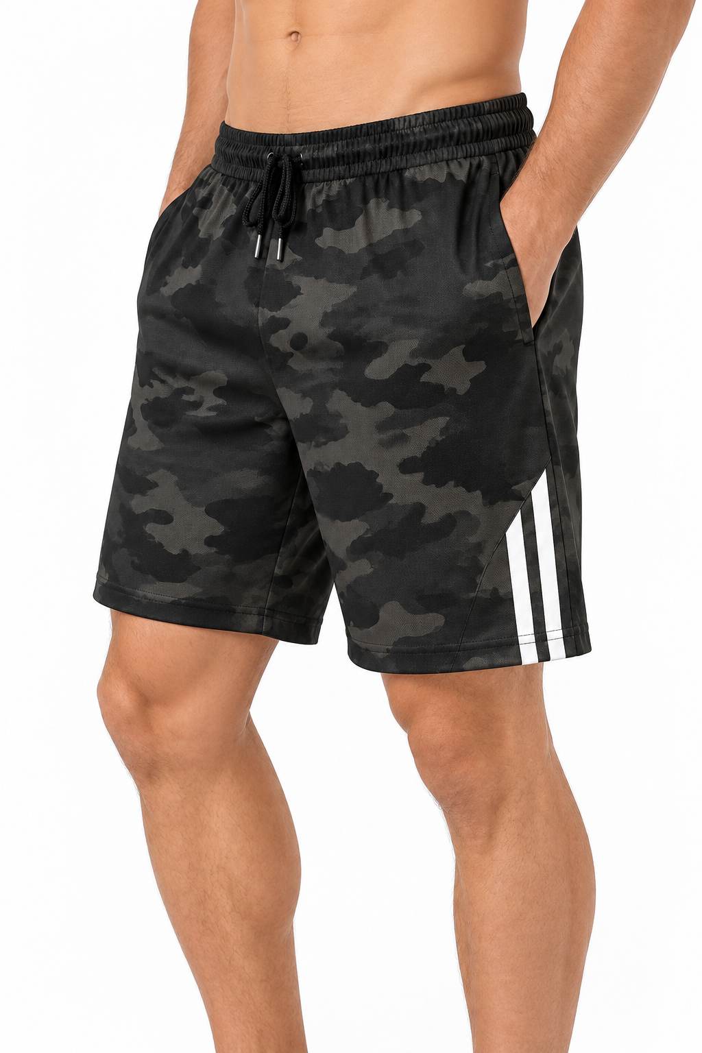 Men's Training Shorts Camo Print Flexible Fit, Three bar shorts, side view