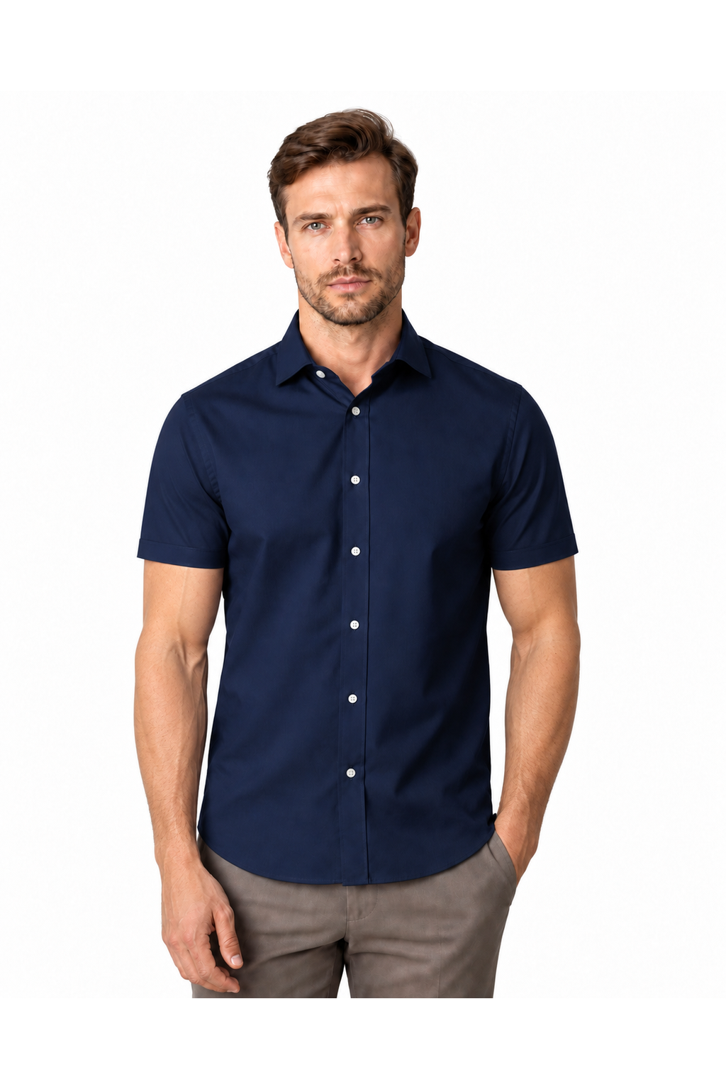Men's classic fit short-sleeve button-collar shirt in navy blue