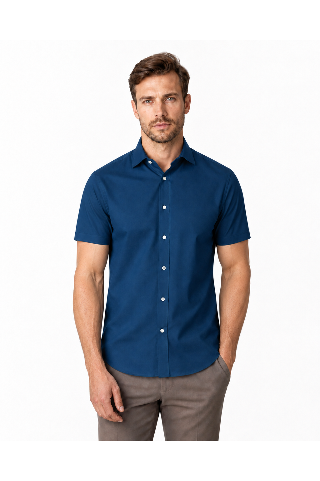 Men's classic fit short-sleeve button-collar shirt in sea blue