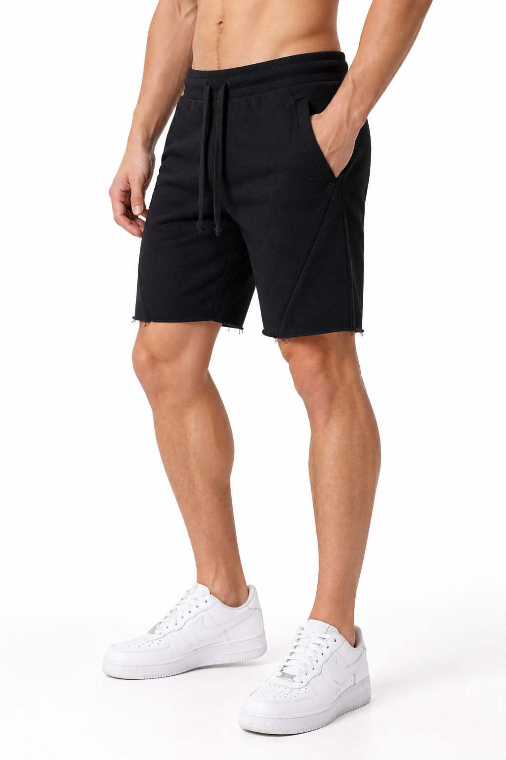 Men's Shorts Cotton Fabric Drawstring Waist, Black, side view