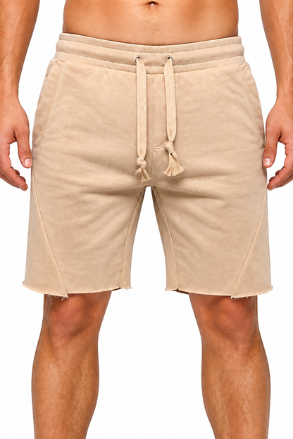 Men's Shorts Cotton Fabric Drawstring Waist, Khaki, fabric close-up