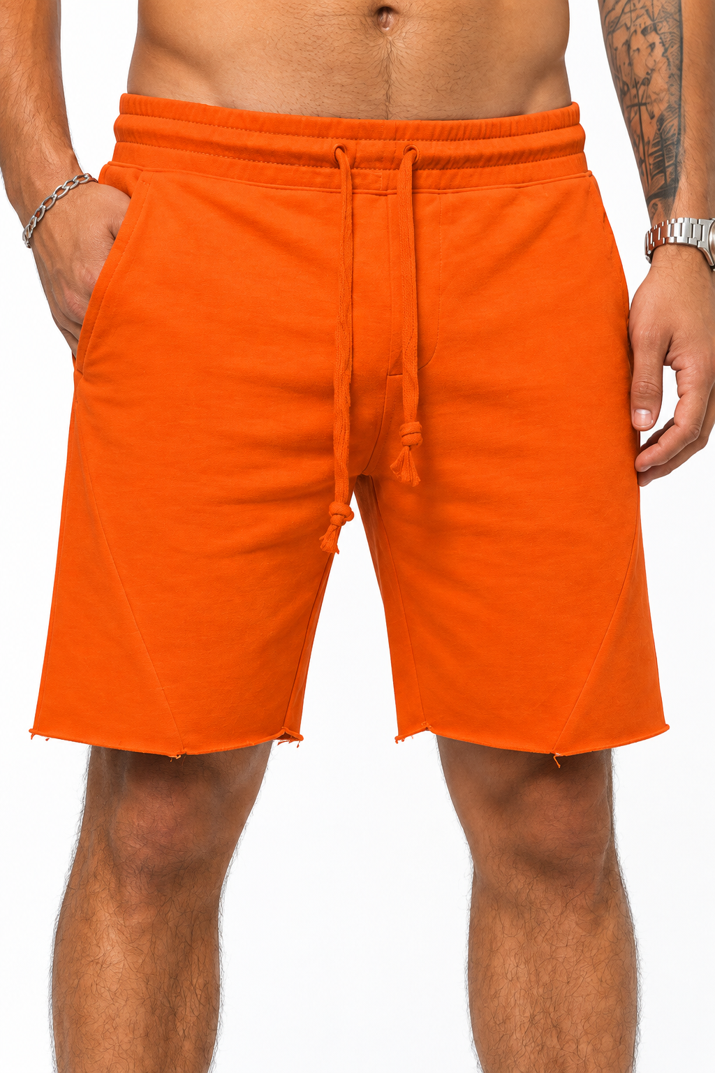Men's Shorts Cotton Fabric Drawstring Waist, Orange yellow, fabric close-up