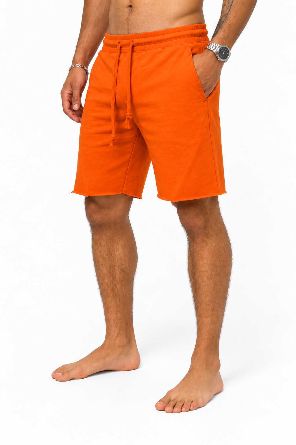 Men's Shorts Cotton Fabric Drawstring Waist, Orange yellow, side view