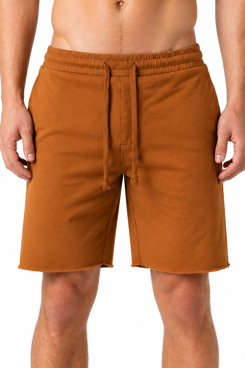 Men's Shorts Cotton Fabric Drawstring Waist, Camel, fabric close-up