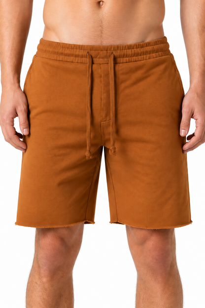 Men's Shorts Cotton Fabric Drawstring Waist, Camel, fabric close-up