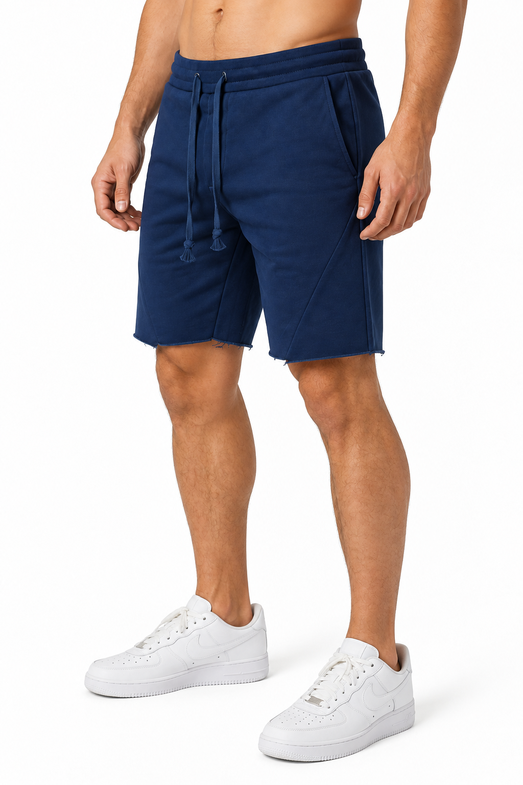 Men's Shorts Cotton Fabric Drawstring Waist, Navy blue, side view