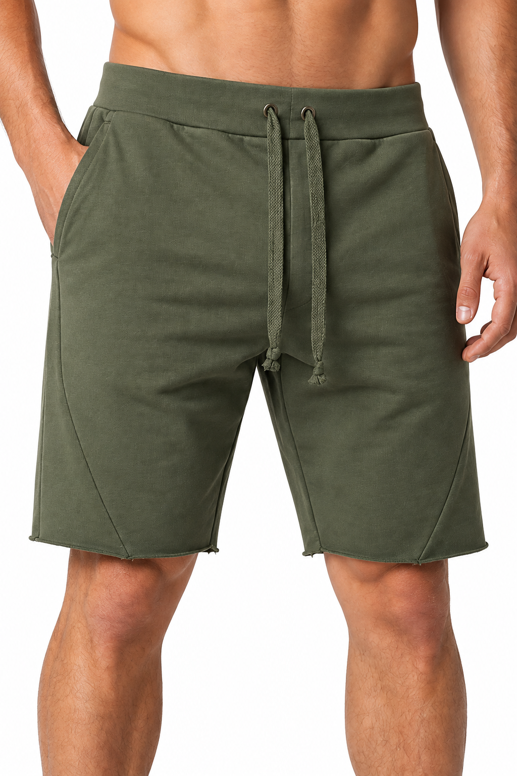 Men's Shorts Cotton Fabric Drawstring Waist, Army Green, fabric close-up