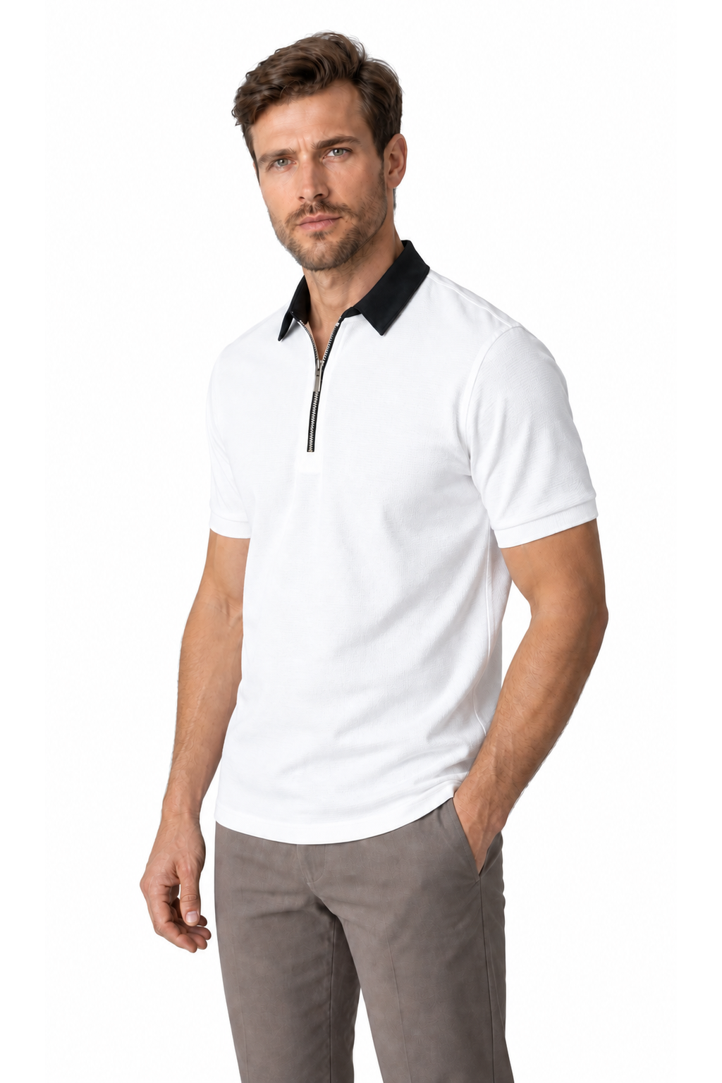 Ventorino white polo with black zip collar on original store model, three-quarter view