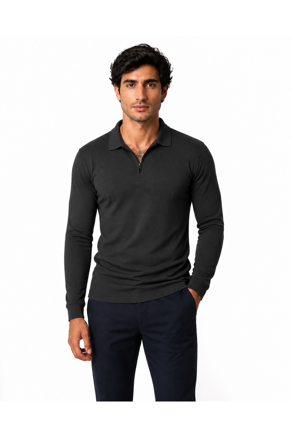 Men's black long-sleeve zip-neck polo shirt, front view